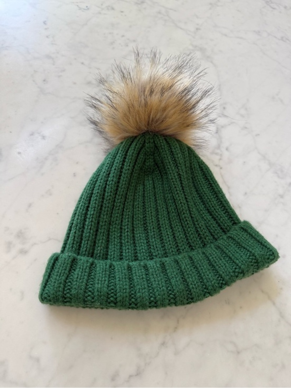 J.Crew Green Ribbed Beanie Faux Fur Pom Winter Hat